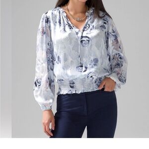 White House Black Market, Blue Gray 3/4 Sleeve Tie Front Crop Blouse